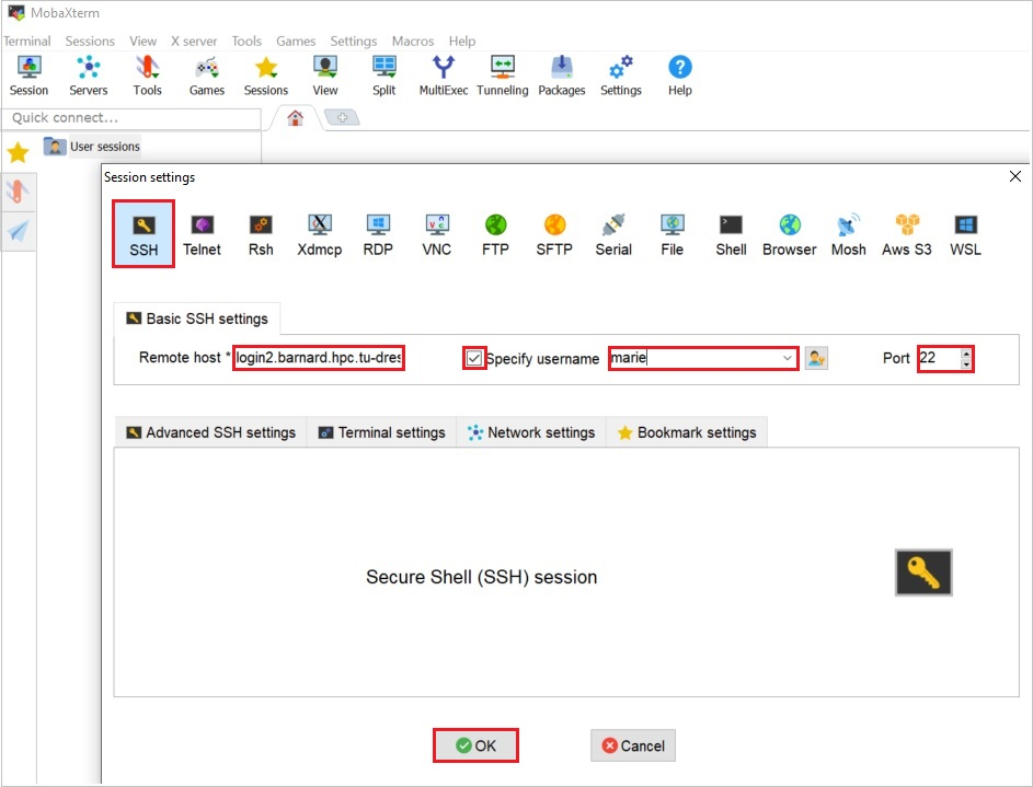 Settings for SSH connection in MobaXterm