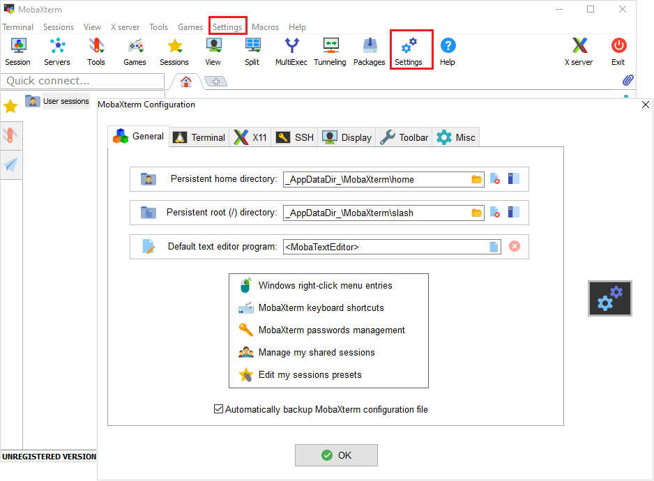 Settings in MobaXterm