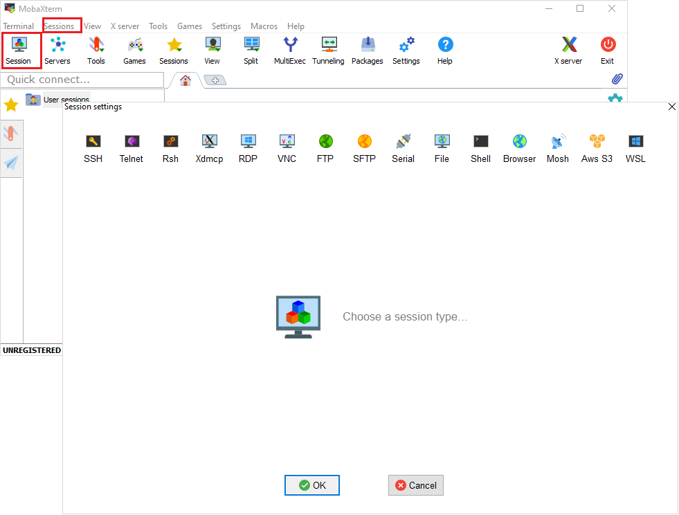 Opening a new session in MobaXterm