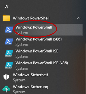 Snapshot of Windows start menu with PowerShell entry